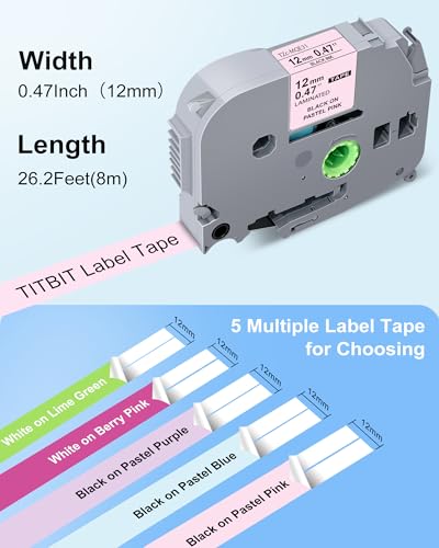 TITBIT 5Pack PTD210 PTD220 Label Maker Tape Compatible with Brother P Touch - color: White on Lime Green/Berry Pink,black on Pastel Purple/Blue/Pink
