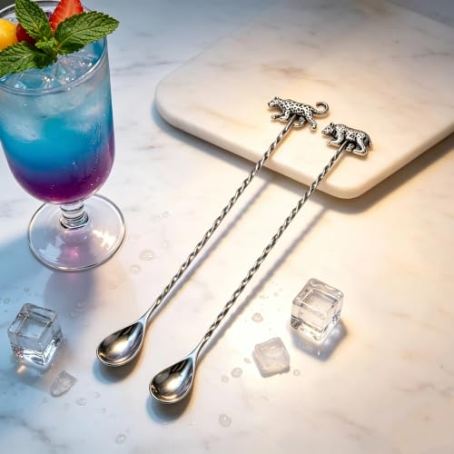Homestia 2 Pcs Bar Spoon, 12'' Stainless Steel Cocktail Spoon, Animal Decor - color: 2PCS Leopard + Bear + Silver