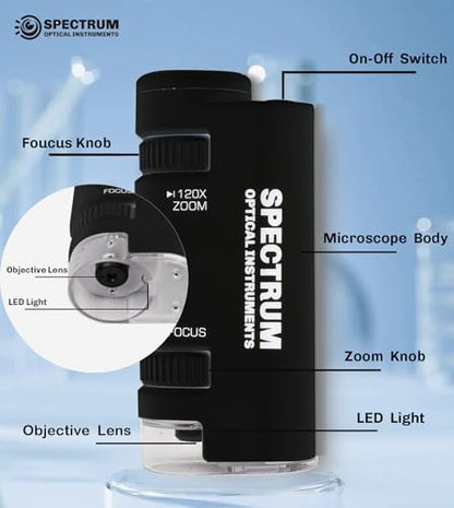 EasyMicro LED Lighted Pocket Microscope 60-120X Magnification Black Color - color: Black