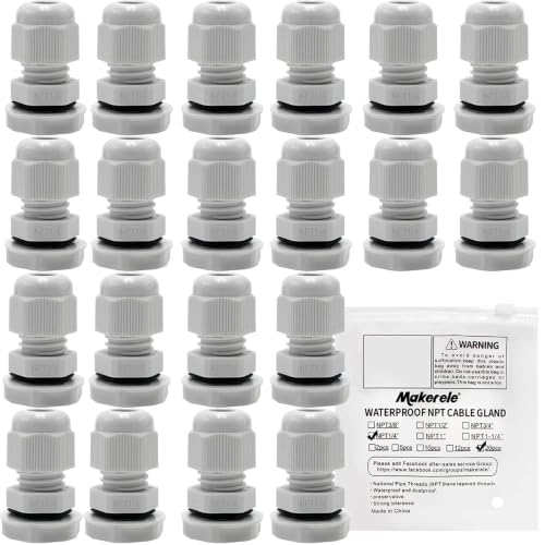 MAKERELE NPT 1/4” Cable Glands IP68 Waterproof Strain Relief Cord Connector - color: Grey, size: 1/4" 20pcs BAG