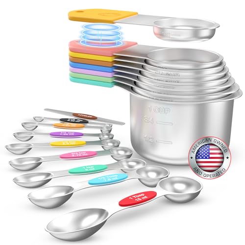 Magnetic Measuring Cups and Spoons Set of 17 - Stackable Stainless Steel Magnetic Measuring Spoons Set with Leveler - Dual Marking Scale Measuring Cup for Dry and Liquid Ingredients, Baking & Cooking