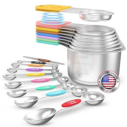 Magnetic Measuring Cups and Spoons Set of 17 - Stackable Stainless Steel Magnetic Measuring Spoons Set with Leveler - Dual Marking Scale Measuring Cup for Dry and Liquid Ingredients, Baking & Cooking
