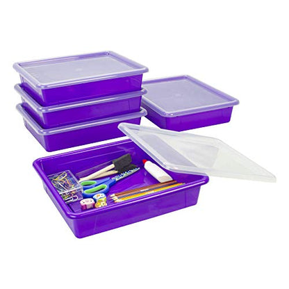 Storex Letter Size Flat Storage Tray – Organizer Bin with Non-Snap Lid for Classroom, Office and Home, Violet, 5-Pack (62540U05C)