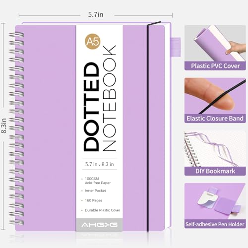 AHGXG Dotted Journal, Grid Spiral Notebook, 160 Pages, A5 (5.7" x 8.3") - color: Purple, style: A5-Dotted
