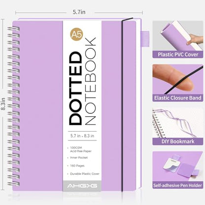 AHGXG Dotted Journal, Grid Spiral Notebook, 160 Pages, A5 (5.7" x 8.3") - color: Purple, style: A5-Dotted