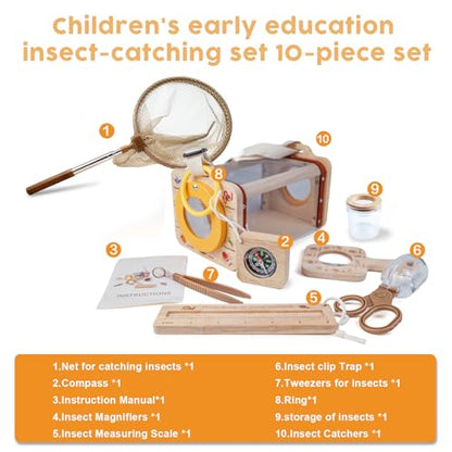 Wooden Insect Observation Kit for Kids,10Pcs Outdoor Nature Explorer Set, Insect Habitat Cage,Butterfly Net,Magnifying Glass,Compass STEM Education Toy, Birthday Backyard Gift for 3+ Boys & Girls