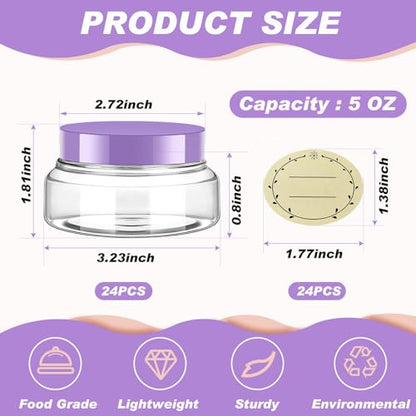 24 Pack Plastic Cosmetic Jars with Lids Label, 5 oz, Clear, Purple - color: Clear, Purple, size: 5 oz
