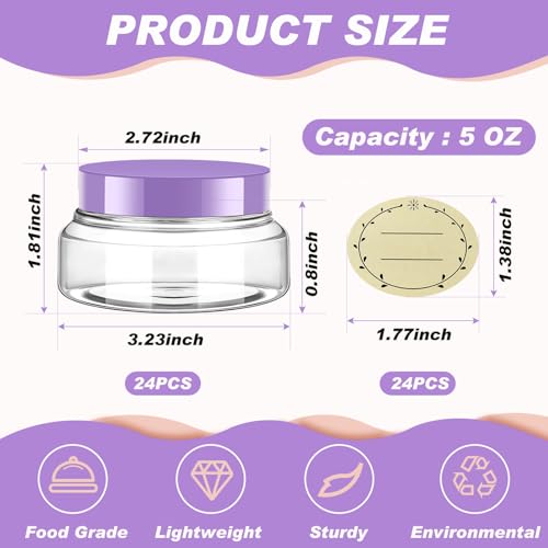 24 Pack Plastic Cosmetic Jars with Lids Label, 5 oz, Clear, Purple - color: Clear, Purple, size: 5 oz