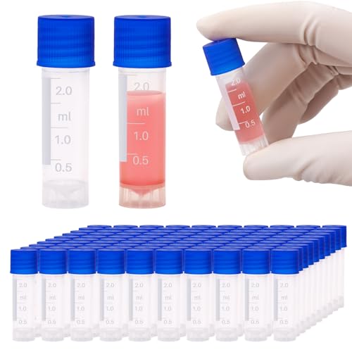100 Pcs 2ml Small Vials with Screw Caps Centrifuge Tubes Plastic Sample Tubes Cryogenic Vials Graduated Bottles Test Tubes with Lids (Blue) - color: Blue