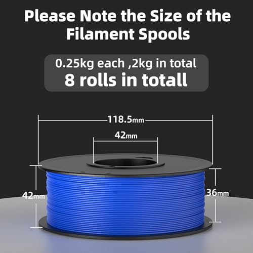 PLA 3D Printer Filament 1.75mm Bundle,0.25kg Each Spool,2kg in Total, 8 Packs,Black/White/Red/Yellow/Pink/Blue/Orange/Green