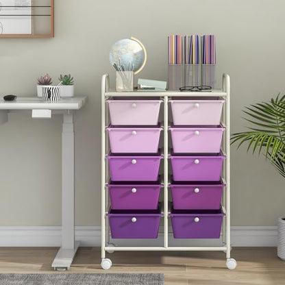 COSTWAY 10 Drawer Rolling Storage Cart, Utility Cart with Lockable Wheels - color: Purple Gradient, size: 10 Drawer