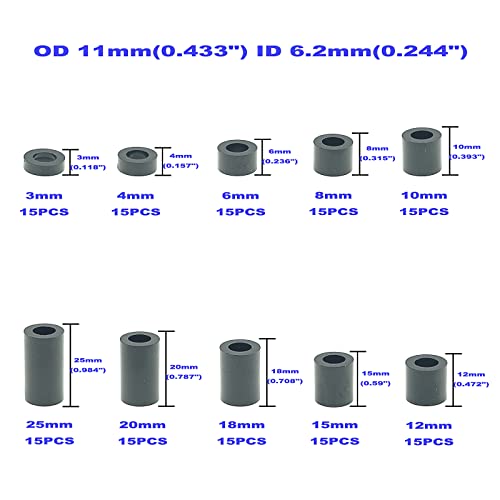 OD11mm ID6.2mm Black ABS Plastic Unthreaded Spacer Kit for M6 Screw - size: OD 11mm ID 6.2mm