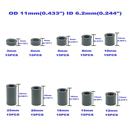 OD11mm ID6.2mm Black ABS Plastic Unthreaded Spacer Kit for M6 Screw - size: OD 11mm ID 6.2mm