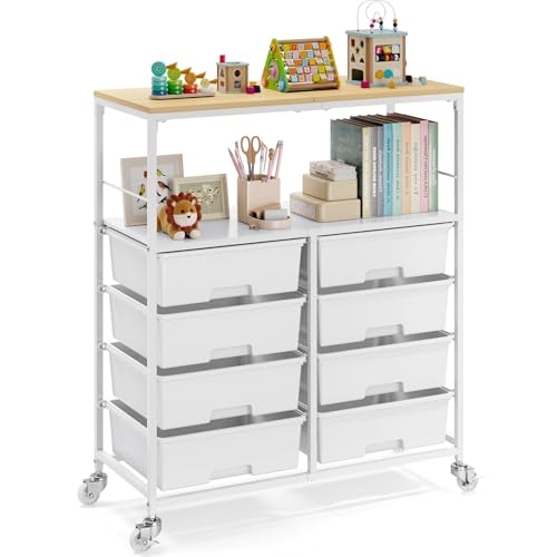 APEXCHASER Rolling Storage Cart with 8 Large Drawers, Wooden Tabletop - color: White