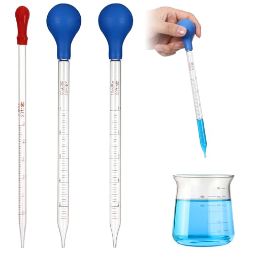 3 Pcs Glass Pipettes Dropper, 10ml & 3ml Graduated Liquid Dropper with Rubber Bulb for Laboratory, Medicine, Research (Blue & Red)