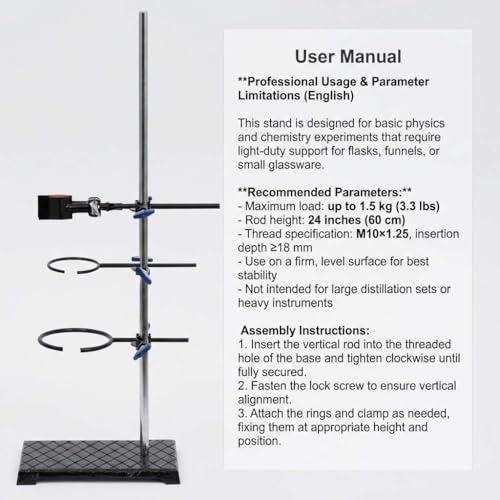 QWORK Heavy Duty Laboratory Stands Support Set, 24" Metal Support Bracket Ring Stand, Cast Iron Base (8.6" x 5.5" 3.3lbs), Rod (24" L), 2 Retort Rings (Dia. 2.4"/3.5") and 1 Flask Clamp - color: 1 pack, size: 24"