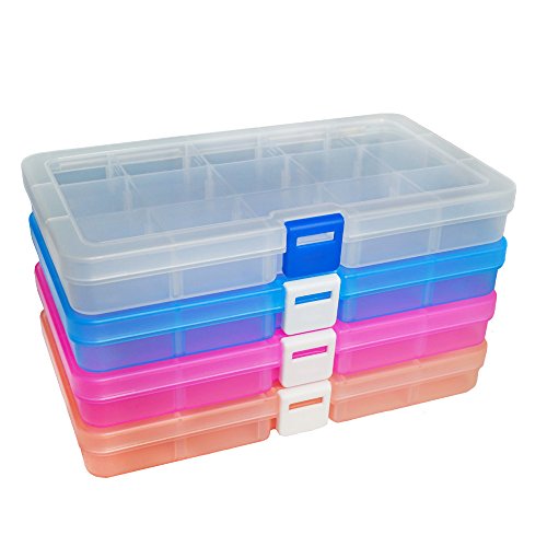 DUOFIRE Plastic Organizer Storage Box, Adjustable Divider 15 Grids,4 Colors - color: 4 Colors - 15 Grids, size: 4 pack
