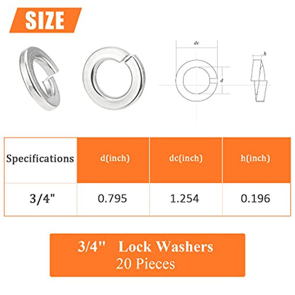 HELIFOUNER 20 Pieces 3/4" Stainless Steel Split Lock Washers, 304 Stainless Steel 18-8 Spring Lock Washers for Screws Bolts - size: 3/4" (20 PCS)