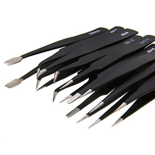 Precision Tweezer Set - FEITA Professional ESD Stainless Steel Anti static Tweezers Kit for Electronic, craft, Jewelry, Watchmakers, Hobby (Black 9 Pcs)