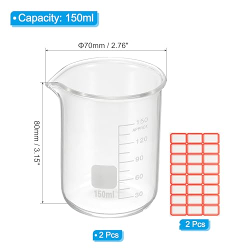 PATIKIL 150ml Glass Beaker, 2 Pack Measuring Glass Beaker Graduated Borosilicate Lab Cups Mug Low Form Heat Safe Transparent with Spout Label for Laboratory Science Kitchen Liquids - size: 150ml