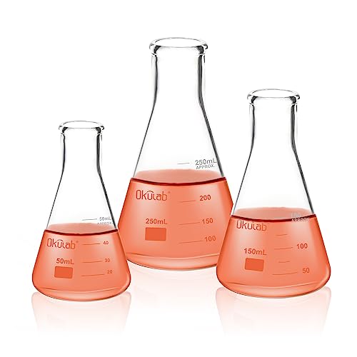 Conical Flask Set, Glass Erlenmeyer Flask Set, Include Vol.50.150.250ml, Borosilicate Glass 3.3, with Printed Graduation.EFNGS3A1 - style: 3 sizes,Vol.50 150 250ml