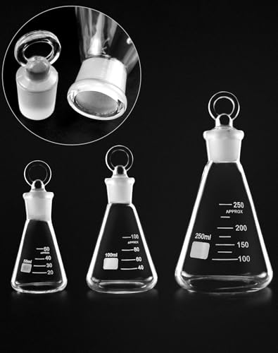 QWORK Glass Erlenmeyer Flask Set (50, 100 and 250ml), 6 Pack Graduated Borosilicate Glass Erlenmeyer Conical Flask with Glass Stopper for Lab, Experiment, Chemistry - color: 2 Sets