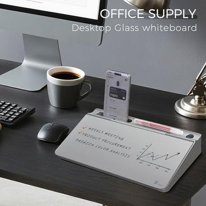 TOWON Glass Desktop Whiteboard with Storage 12x7 in, Metallic Silver - color: Metallic Silver