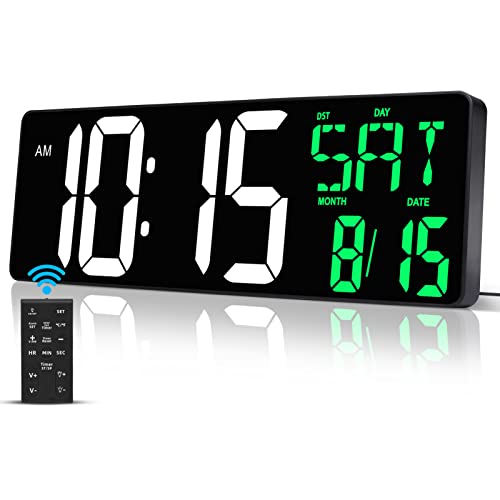 17" Large Digital Wall Clock with Remote, Auto Dimmer, Date Temp, Timer - color: Green + White