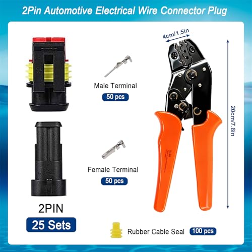 300Pcs 25 Kits 2 Pin Connector,2 Wire Connector with Ratchet Crimping Tool,Automotive Waterproof Electrical Connectors 22-16 AWG - size: 300PCS