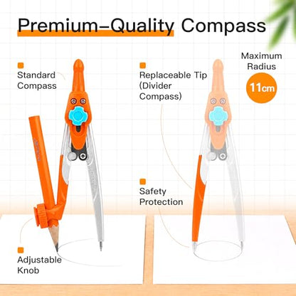 YPLUS Geometry Set, Protractor and Compass Set for Students, 12Pcs - size: 1 Count (Pack of 12)