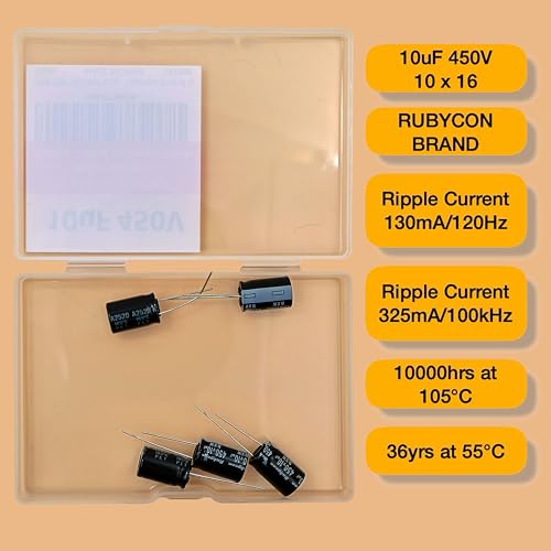 10uF 450V 10x16mm Rubycon Electrolytic Capacitor Ripple Current 130mA / 120Hz 325mA / 100kHz Long Life 36yrs at 55 Degree C mfd mircofarad Micro Farad Radial Lead Aluminum Capacitors (Pack of 5) - style: 10uf 450V 10x16mm Rubycon