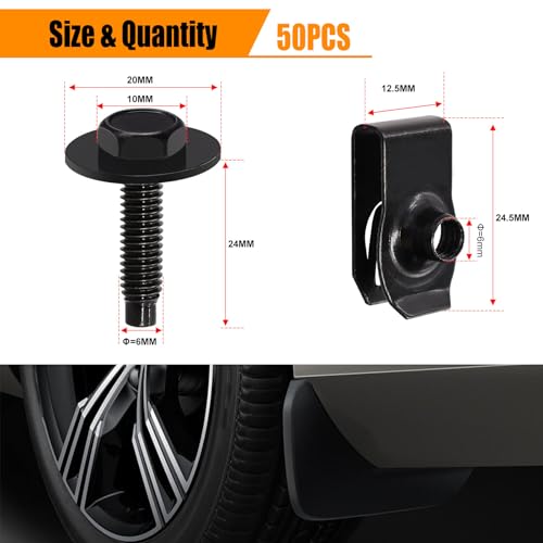 weideer 50PCS M6-1.0 Universal Fender Liner Screw U Nut Kit,Engine Splash Shield Hex Head Screw U Clips,Automotive Body Screws Clips(25sets) K-194-25 - color: BK-M6
