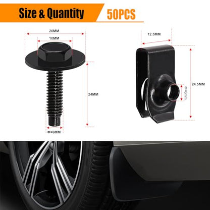 weideer 50PCS M6-1.0 Universal Fender Liner Screw U Nut Kit,Engine Splash Shield Hex Head Screw U Clips,Automotive Body Screws Clips(25sets) K-194-25 - color: BK-M6