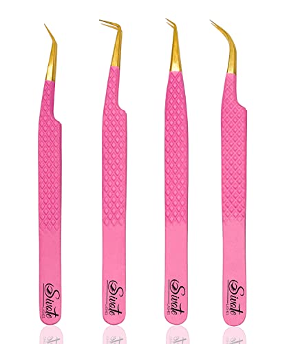 Fiber Tip Lash Tweezers Set of 4, Pink, Diamond Grip, Japanese Steel - color: Pink
