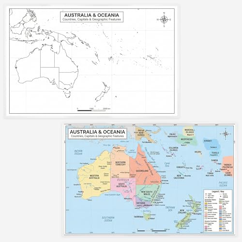 Australia & Oceania Map 11x17 Laminated Dry Erase Geography Chart | Double-Sided with Color Front & Blank Outline Back | Reusable Classroom Tool - color: Australia & Oceania