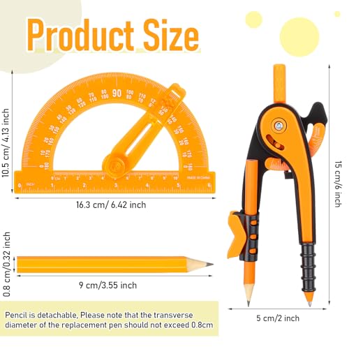 Zonon 2 Pcs Protractor and Compass Set, Swing Arm Protractor, Orange - color: Orange