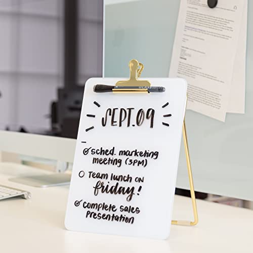 U Brands Glass Dry-Erase Desktop Easel, Tempered Glass, Gold Metal Stand, Removable Clip (Pack of 2) - size: 8.5"W x 11"H (Pack of 2)