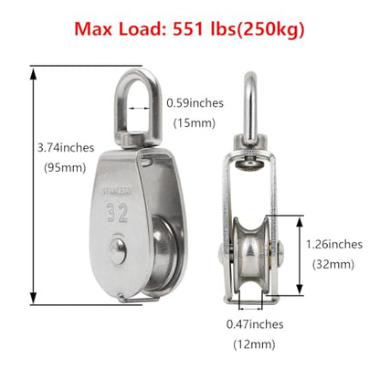 2X 304 Stainless Steel M32 Single Swivel Rope Pulley Blocks with Snap Hooks - size: M32-2pcs