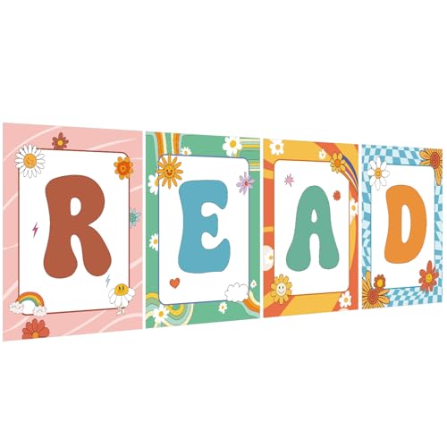 COCHIE Reading Posters for Classroom Decorations, Library Reading Corner Decor, Read Signs Poster Bulletin Board Set of 4, Pre-k Preschool Kindergarten Classroom Wall Decoration (Groovy) - color: Groovy