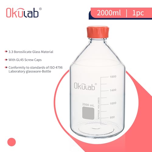2000ml Round Media Storage Bottles, 3.3 Borosilicate Glass Media Bottles, with GL45 Screw Caps in PP Materia, GL45RB2000A1 - style: 1pc of 2000ml