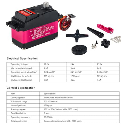 DS51160 160KG RC Servo Motor Waterproof Large High Torque Digital Servos Full Metal Gear 24V for RC Plane Quadcopter Helicopter Robotic Arm (180°)