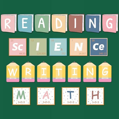 23 Pcs Core Subjects Bulletin Board Decorations Science Reading Math Writing Banner Reading Bulletin Board Poster Boho Subject Label Cutouts for Back to School Classroom Decoration Teacher Wall Decor