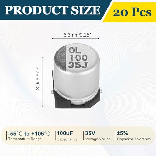 MECCANIXITY 100uF 35V Aluminum Electrolytic Capacitors, 6.3x7.7mm, 20pcs - size: 6.3x7.7mm, style: 100uF 35V