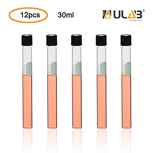 ULAB Test Tubes with Black Screw Caps, Vol.30ml, Dia.20x150mm with Marking Area, Test Tubes Shot Glasses, Borosilicate Glass Material, Pack of 12, UTT1014 - style: Vol.30ml with Bakelite Screw Caps, 12pcs