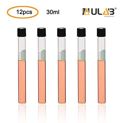 ULAB Test Tubes with Black Screw Caps, Vol.30ml, Dia.20x150mm with Marking Area, Test Tubes Shot Glasses, Borosilicate Glass Material, Pack of 12, UTT1014 - style: Vol.30ml with Bakelite Screw Caps, 12pcs