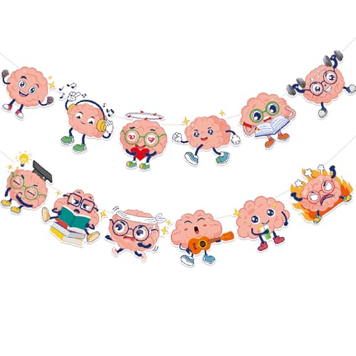 2 Strings 12 Pcs Brain Themed Hanging Banner, Cartoon Brain Educational Cutouts Garland for Classroom Decorations, Science Party Supplies, Teacher Tools, and Learning Event Decor