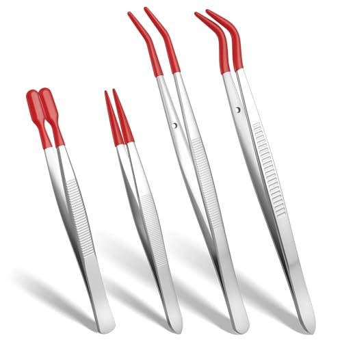 4 Pcs Tweezers with Rubber PVC Coated Set Precision Tweezers Straight Tip Rubber Flat Tip Long Bent Tweezer for Crafting, Jewelry, Electronics, and Lab Work