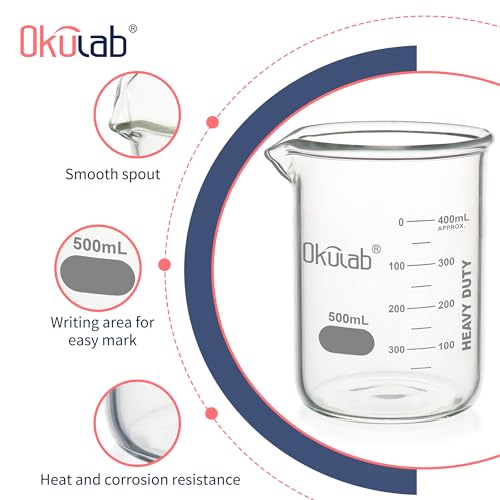 Glass Beakers, Low Form, Graduated 3.3 Borosilicate Glass Beaker Set, 6pcs of 500mL for Lab, Classroom, Craft, Kitchen,BKLG500A6 - style: Vol.500ml, Case of 6