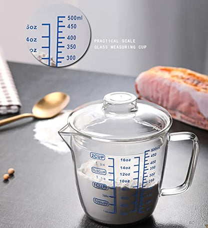 Glass Measuring Cup with Lid, Graduated Beaker Mug with Handle, Light-weight Borosilicate Glass V-Shaped Spout Microwave Safe Scales Cup for Cooking Baking (2cup/16oz/500ml) - size: 16 fl oz
