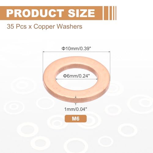 PATIKIL 35PCS M6 Copper Washers, M6x10x1mm Copper Crush Washer Metric Flat Washers Sealing Washers Assortment Kit Oil Drain Plug Gasket Ring for Automotive Battery Vehicles Screws Bolt - size: M6x10x1mm